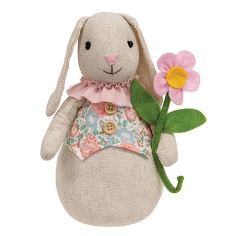 Floral Bunny with Daisy Plush Spring Easter Decor Freestanding Fabric Bunny Figure - 9" H x 5.5" W - White