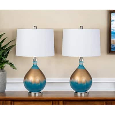 HomeRoots Set of Two 27" Blue and Gold Ombre Glass Table Lamps With White Empire Shade - 7.5' X '27' X '7.5