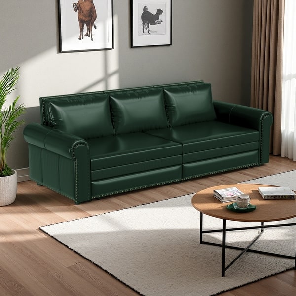 slide 2 of 38, 93.7" Chesterfield Faux Leather Multi-Functional Sofa Bed, 3-in-1 Convertible King Pull Out Sleeper Sofa with Nailhead Trim