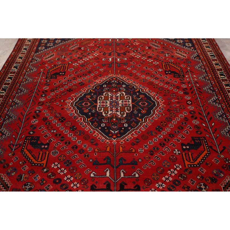 Hand Knotted Oriental 100% Wool Carpet Traditional Tribal Red Shiraz Area Rug - 9' 8'' X 6' 7''