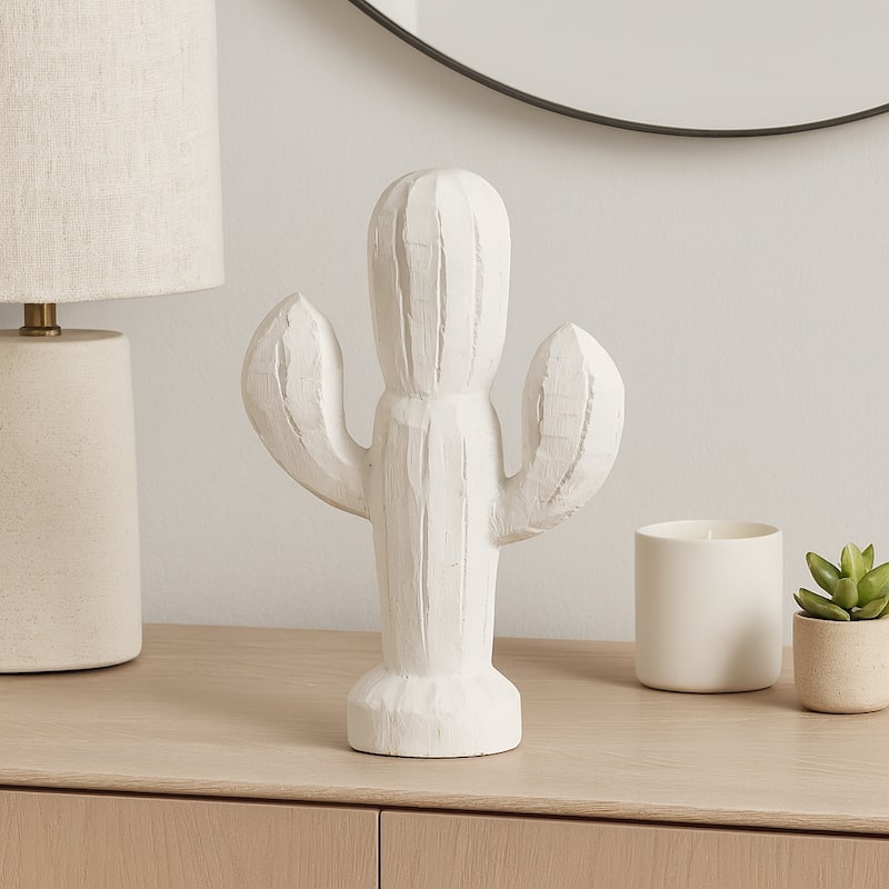 Wood Cactus Shape Handcarved Figurine - White, 14 in.