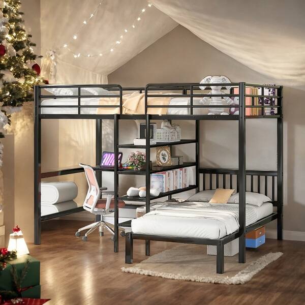 slide 2 of 36, Full Over Twin Metal Bunk Bed with Desk, Shelves and Ladder Black