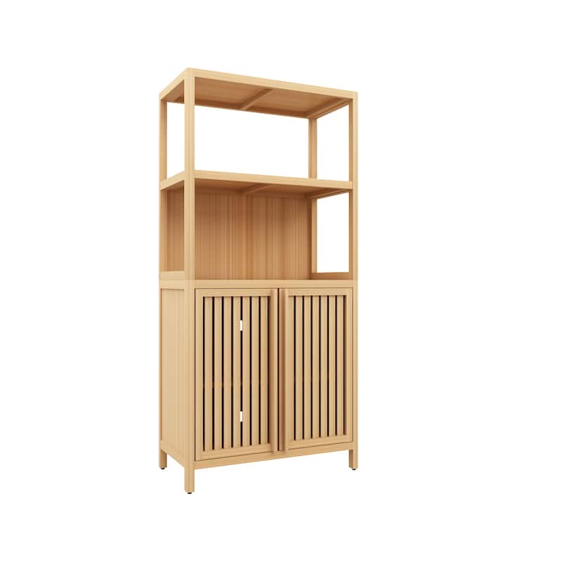 Natural MDF Wicker Bathroom Cabinet with Doors and Open Shelves - 24.5" W x 13" D x 32" H
