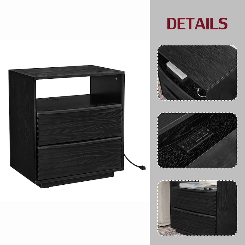 Nightstand with Charging Station and Outlet Hole and 2 Solid Wood Drawers