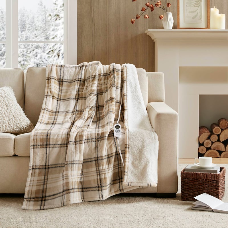 Woolrich Print Plush to Sherpa Heated Throw - 50x60" - Tan Plaid