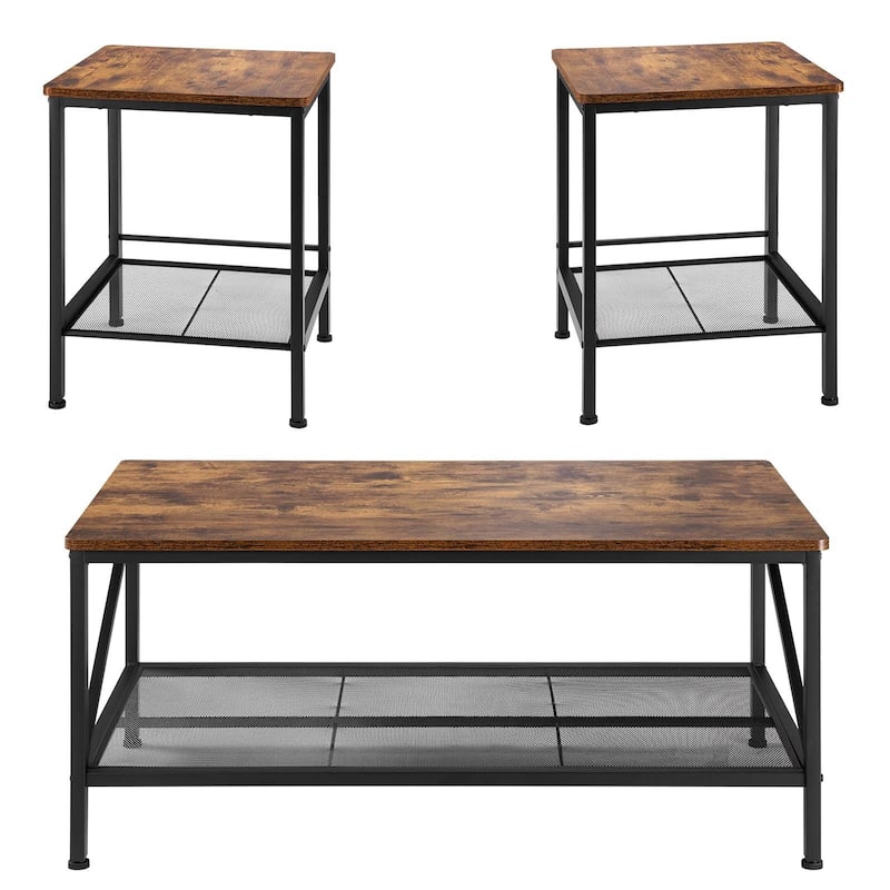 3-Piece Living Room Coffee Table Set with Brown Wood Grain Top and Black Metal Frame Included Side Tables