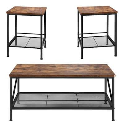 3-Piece Living Room Coffee Table Set with Brown Wood Grain Top and Black Metal Frame Included Side Tables