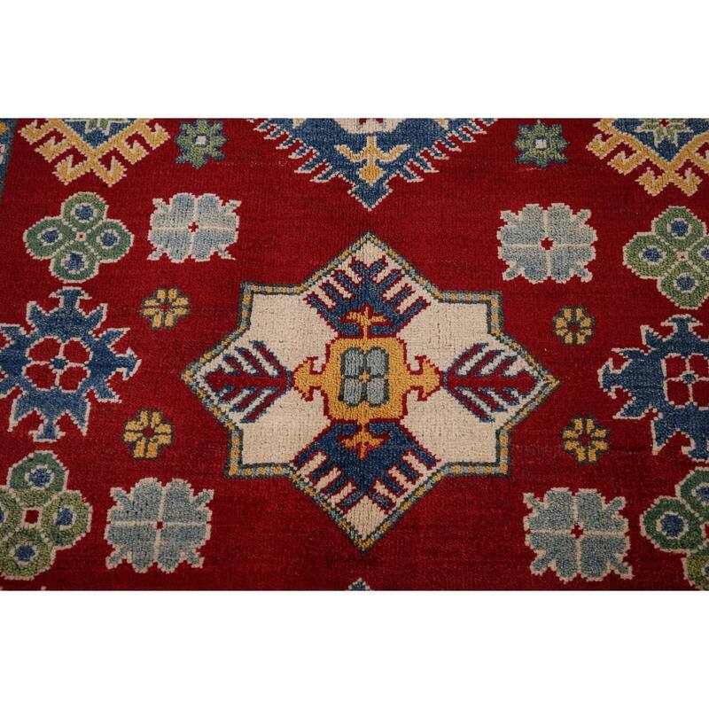 Oriental Kazak Area Rug Hand-Knotted Geometric Red Wool Carpet - 4'0" x 5'8"