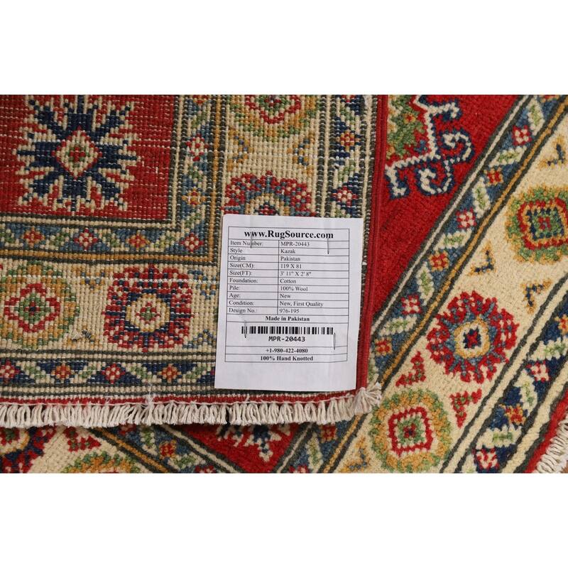 Red Kazak Foyer Rug Traditional Handmade Geometric Wool Carpet - 2'8"x 3'11"