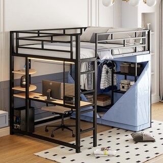 Functional Fabric Wardrobe Loft Bed with Metal Frame, Integrated Desk, Power Outlet & LED Light, Full Size, Black