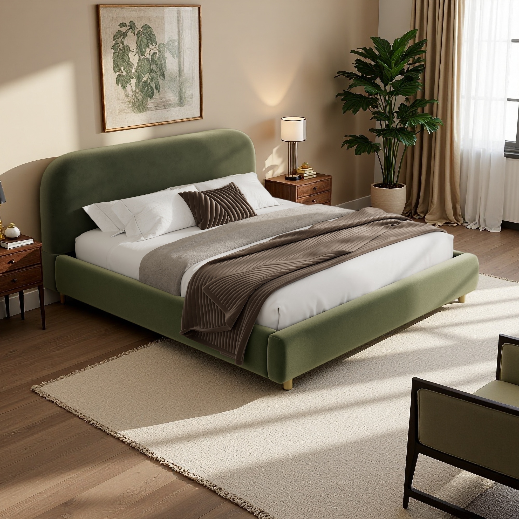 King Size Velvet Upholstered Platform Bed, Curved Headboard, Plush Foam, No Box Spring Needed