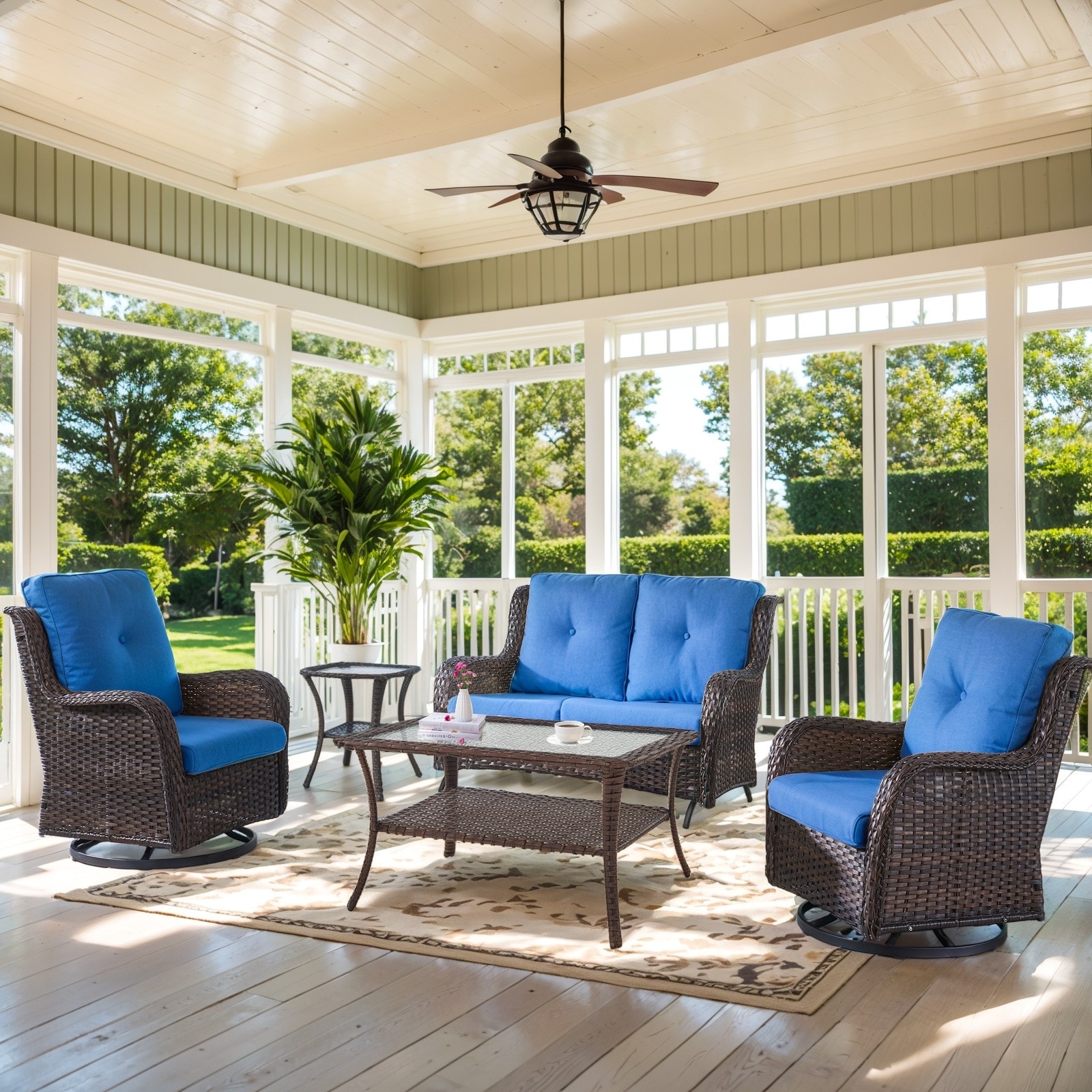 Patio Loveseat with Swivel Chair and Coffee Table - Blue cushion - Brown