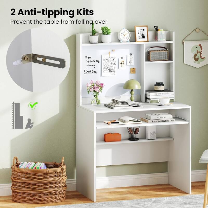 Small Computer Workstation White Writing Desk w/ Hutch & Bookshelf