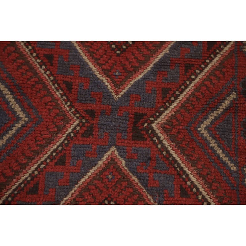 Hand Knotted Oriental 100% Wool Carpet Traditional Tribal Red Balouch Runner Rug - 8' 1'' X 2' 0''