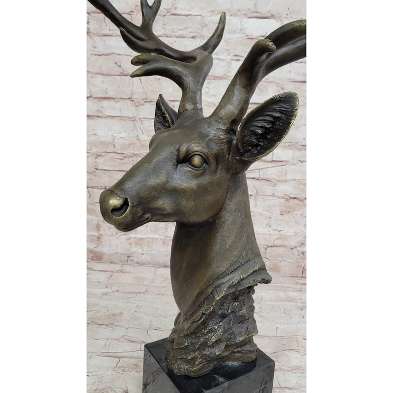 Stag Buck Deer Elk Head Bust Bronze Sculpture Statue On Marble Base