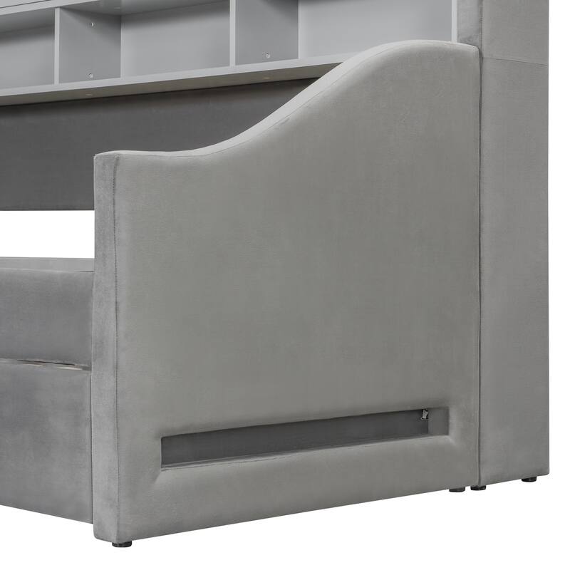 Velvet Upholstered Daybed with LED Armrest Lights and Pull-Out Lift-Up Trundle