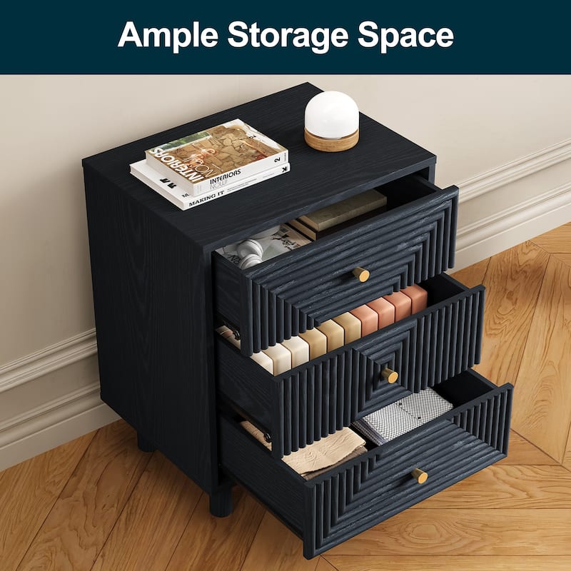 Black 3-Drawer Nightstand with Solid Wood Legs