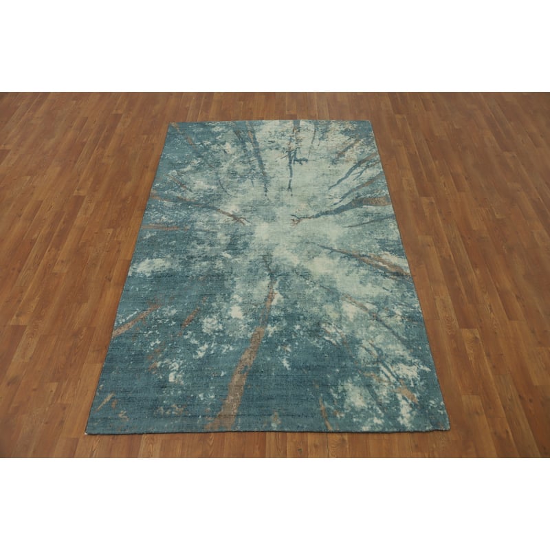Hand-knotted Modern Silk Blue Abstract Oriental Area Rug - 7' 11'' X 4' 11''