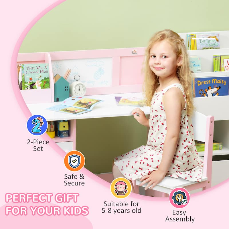 Qaba Toddler Desk and Chair Set, Kids Writing Desk Study Table for Children with Whiteboard