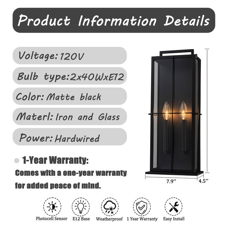 H19" Modern Large Lantern Outdoor Wall Light with Clear Glass Dual-Bulb Design and Black Finish Wall Sconces for Porch Patio