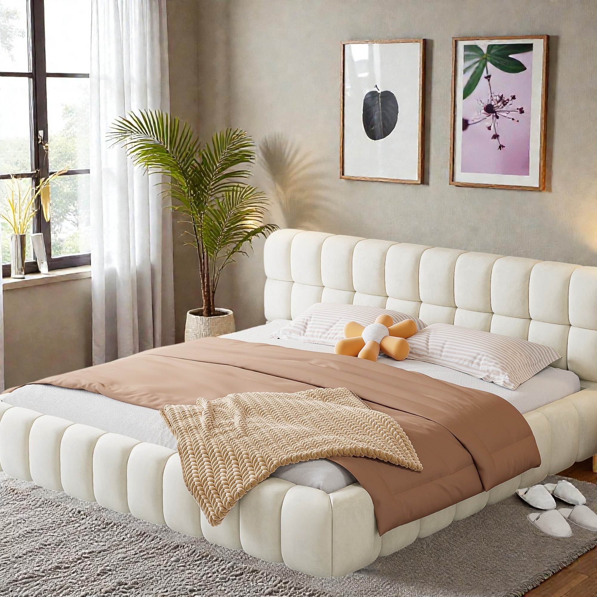 King Size Upholstered Platform Bed with Thick Linen Fabric, Low Profile Grounded Bed Frame, Solid Support