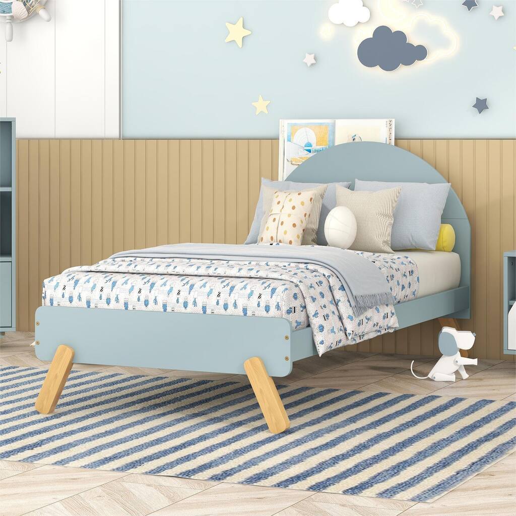 Wooden Cute Platform Bed Frame With Shelf Behind Curved Headboard