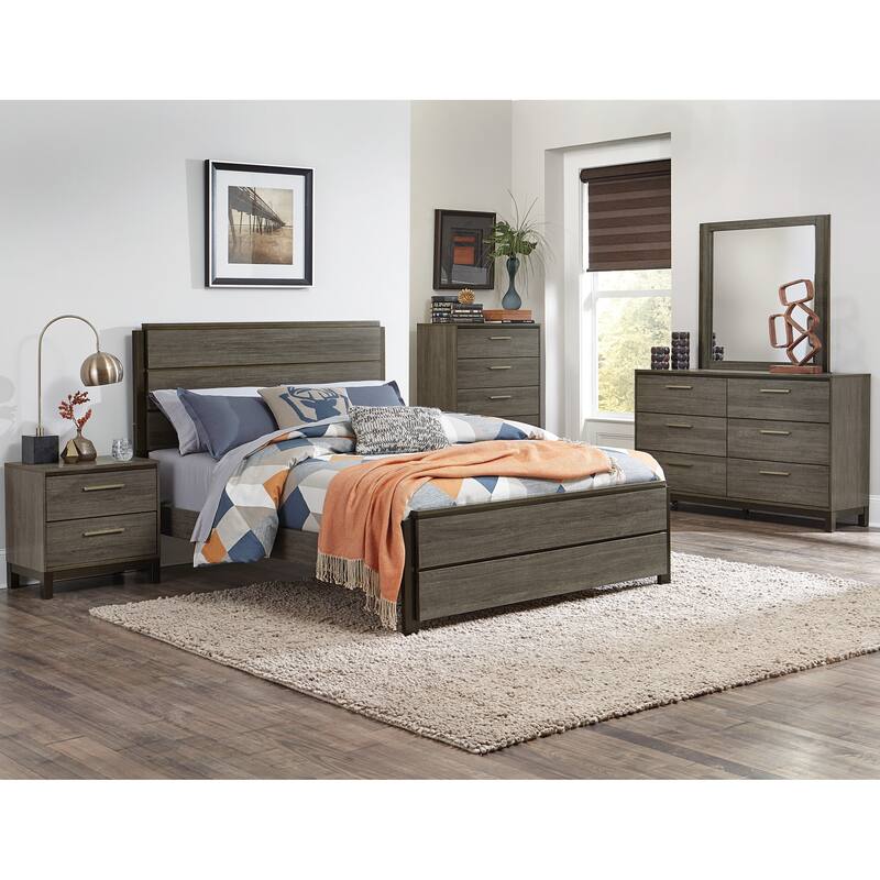 Queen Size Bed with Antique Gray and Dark Brown Finish, Includes Headboard, Footboard, and Rails