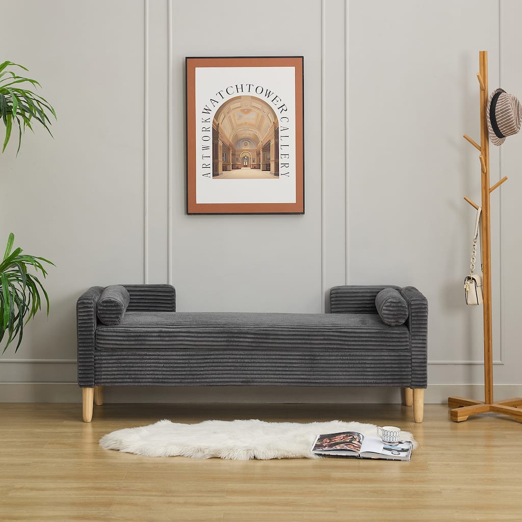 65.35" Wide Corduroy Storage Soft Bench with Armrests, Backrest and Two bolster Pillows for Living Room