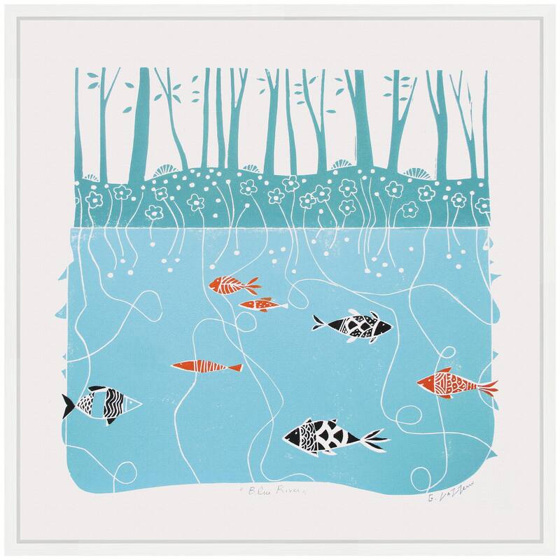 Kate and Laurel Sylvie Coastal Blue River Linocut Framed Canvas by Giuliana Lazzerini