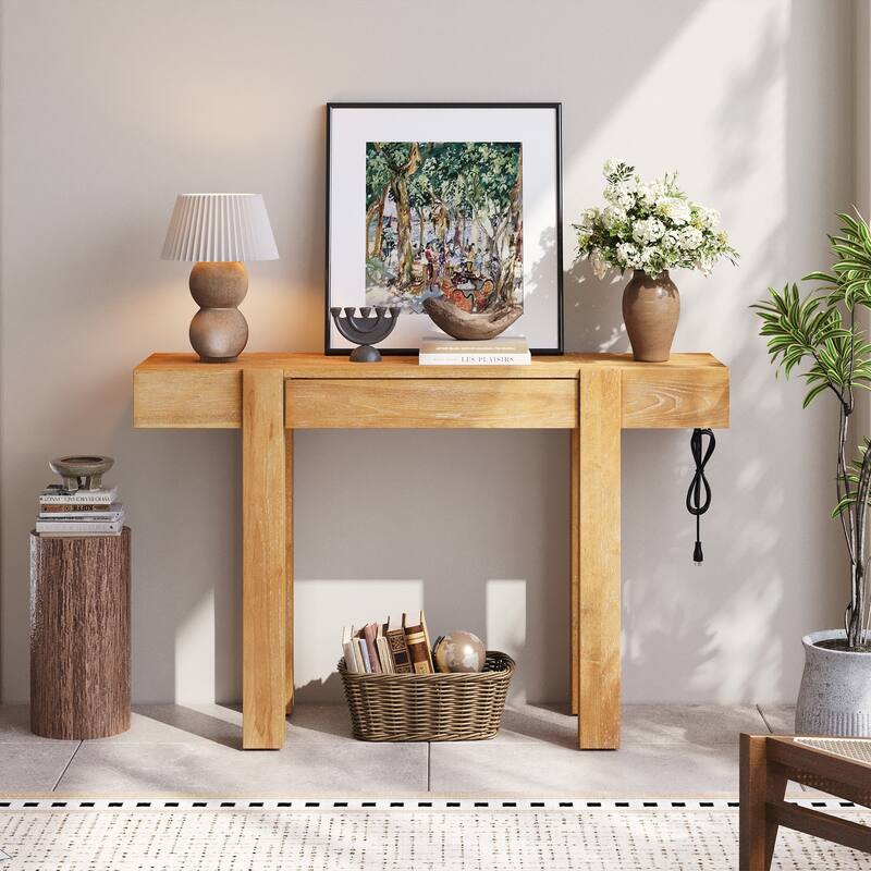 Rustic Minimalist Console Table with Hidden Drawer, Side Power Outlet,Wood Entryway Table for Entryways, Living Rooms - Natural