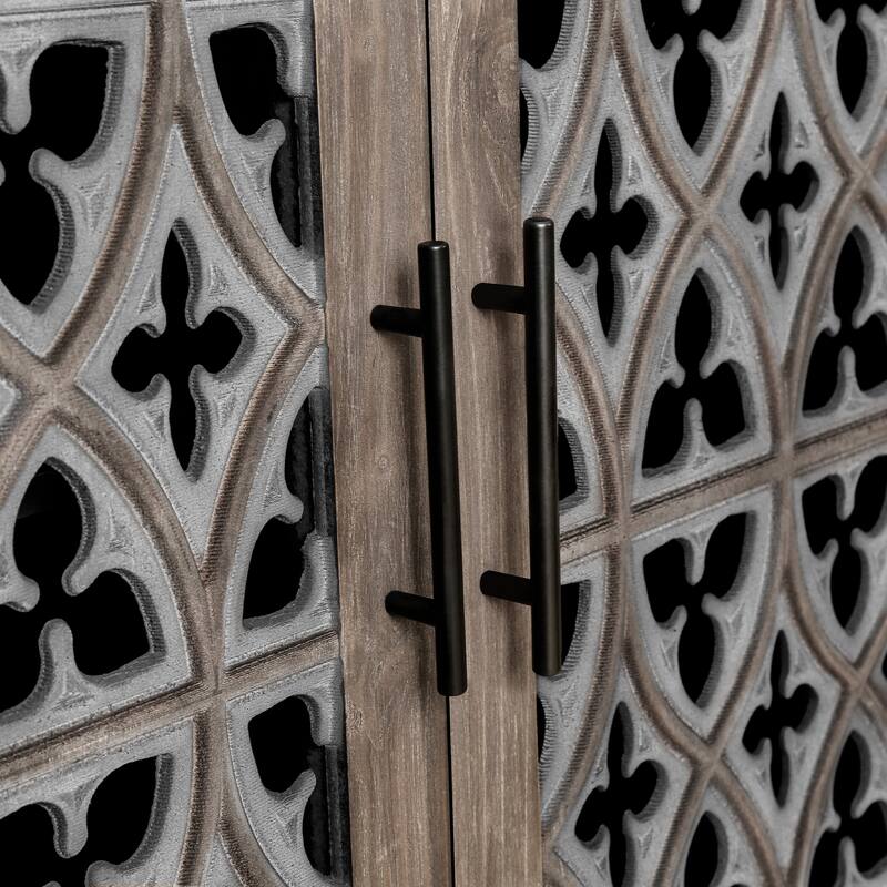 Hollowed-Out Floral 4 Doors Antique Cabinet, Freestanding Wooden Storage Cabinet, Accent Cabinet with Adjustable Shelf