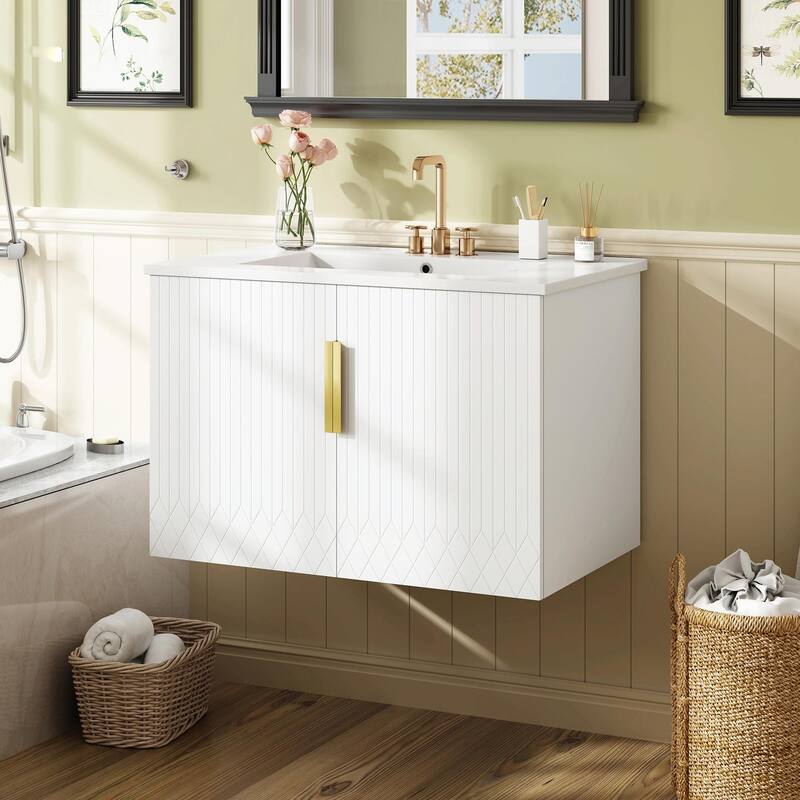 30" Vintage Bathroom Vanity with Ceramic Sink, 3 Holes Single Ceramic Sink