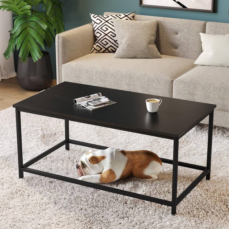 Marble Coffee Table Simple Modern Open Design - 39.34"D x 19.7"W x 17.7"H - All Black Large