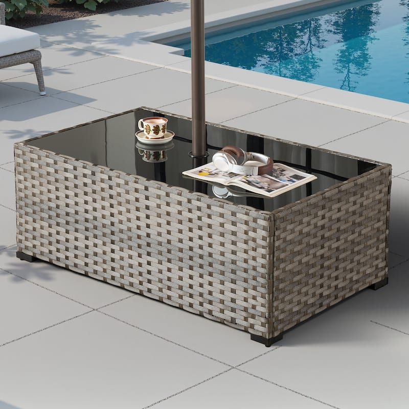 HOOOWOOO Wicker Rattan Patio Rectangle Coffee Table with Umbrella Hole - BBR-Table