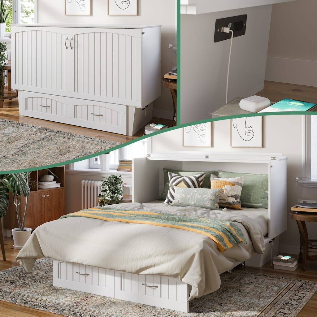 Sydney Queen Murphy Bed Chest with 6" Mattress, Storage Drawer & Built-In Charger in White