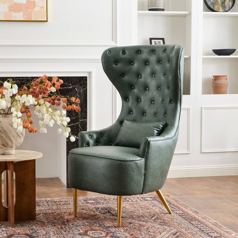 KINWELL Upholstered Tufted Faux Leather Wingback Chair PU Accent Chair