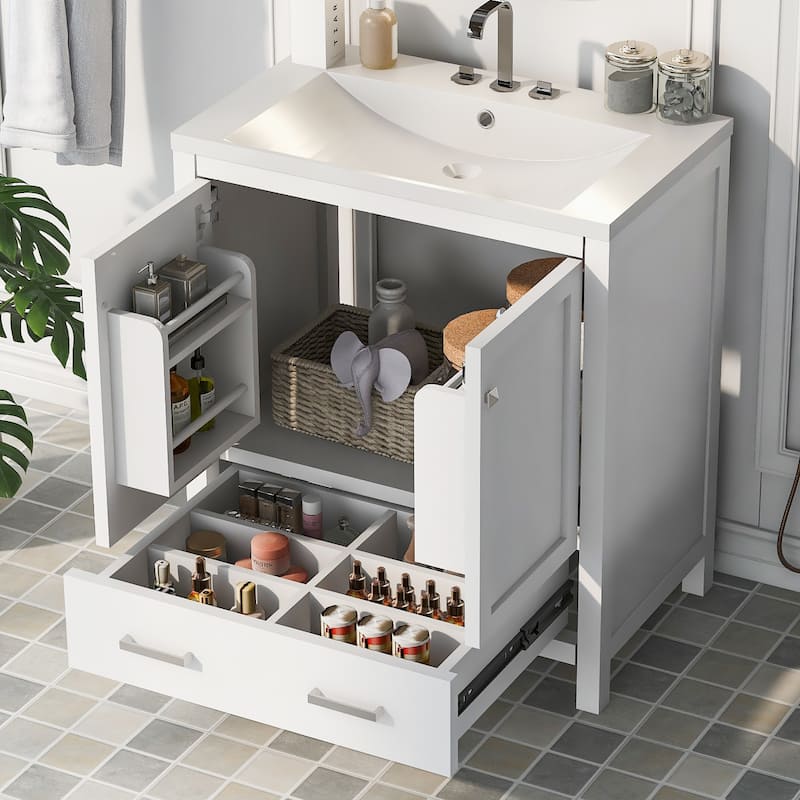 Bathroom Vanity with Single Sink, 2 Soft Closing Doors and a Drawer - White
