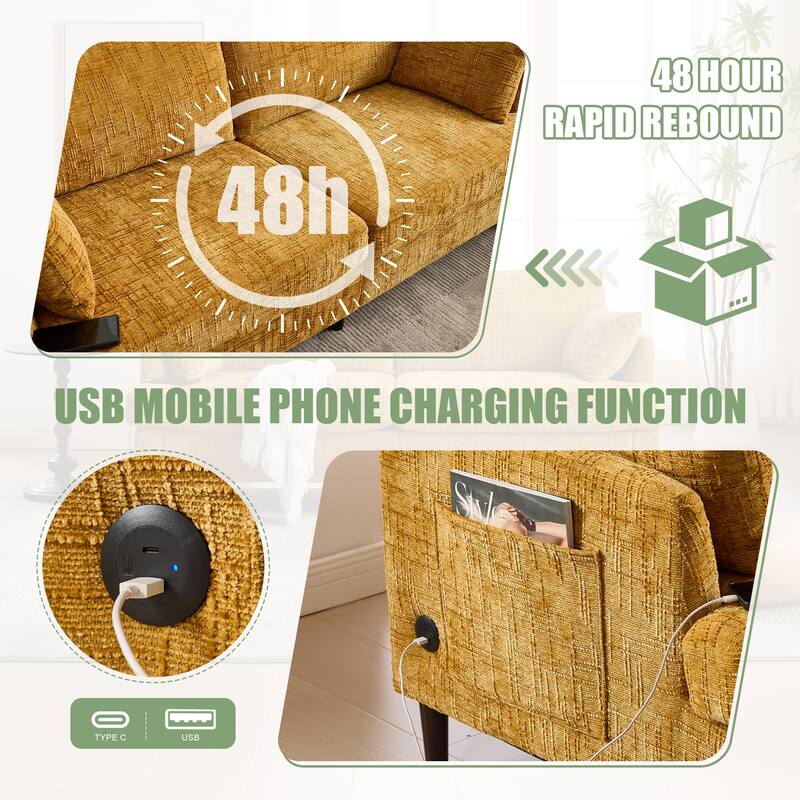Mustard Yellow Multifunctional Sofa Couch Loveseat with Lights & Side Pocket, 2-Seater Sofa Couch with Charging Port