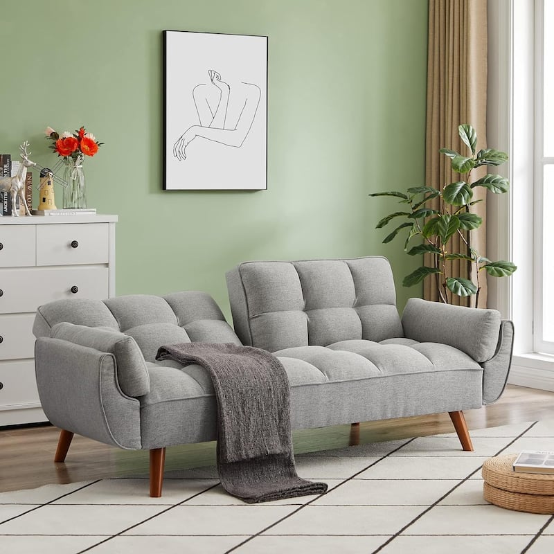 75.39" Futon Sofa Bed, Convertible Folding Futon Couch Recliner Lounge For Living Room With 2 Pillow/Armrest - Light Gray
