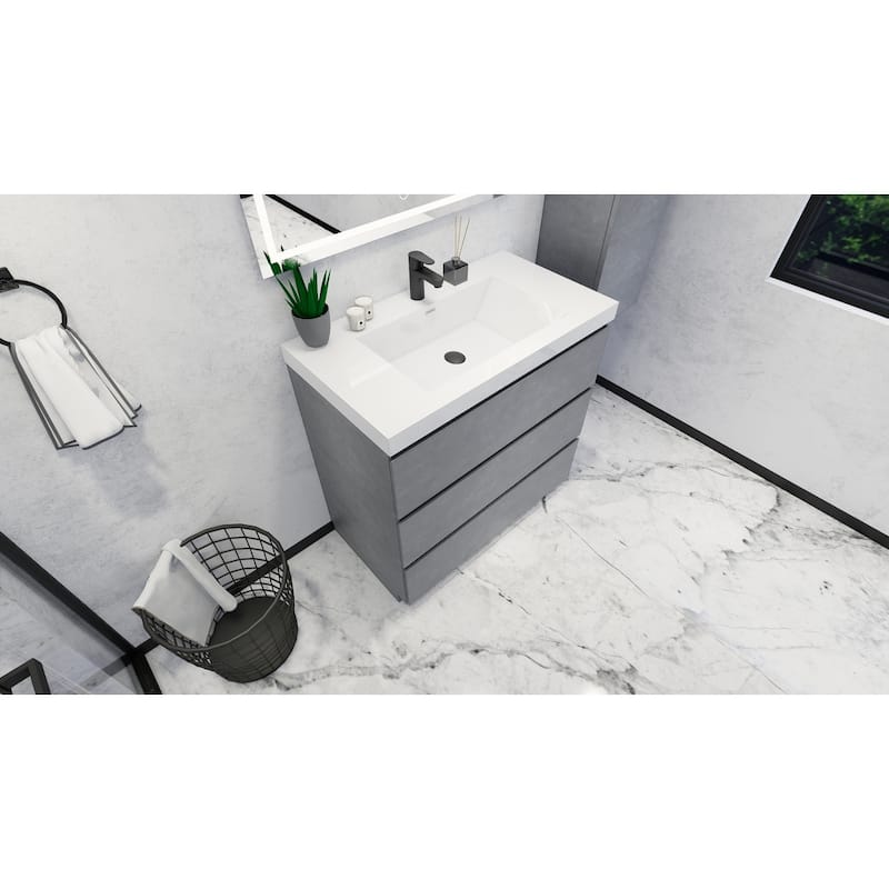 Angeles 36" freestanding bath vanity with single basin reinforced acrylic top.