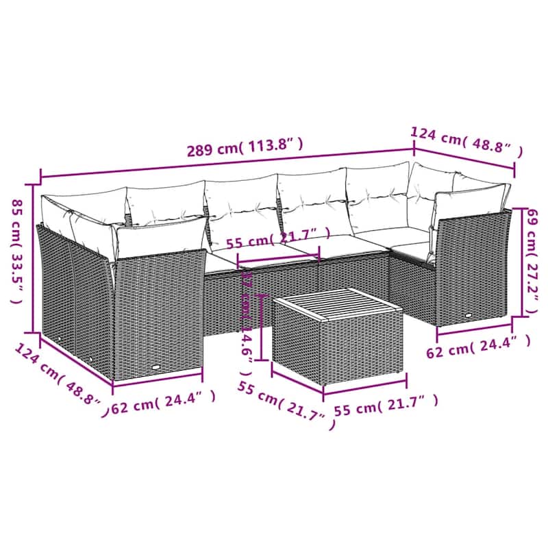 vidaXL Patio Sofa Set with Cushions Outdoor Furniture 8 Piece Poly Rattan - 21.7 x 21.7 x 14.6