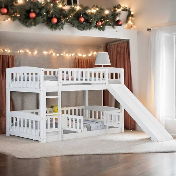 slide 2 of 12, Twin Over Twin Low Bunk Bed with Fence and Ladder for Toddler Kids Teens White