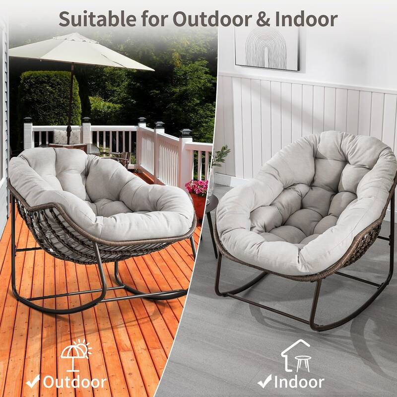 Outdoor Rattan Rocking Chair,Padded Cushion Rocker Recliner Chair Outdoor for Front Porch, Living Room, Patio, Garden