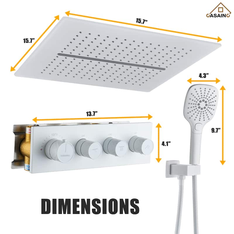 Luxury Thermostatic Shower System 5-Spray Patterns 16" Ceiling Mount Fixed and Handheld Shower Head - 15.7" x 15.7"
