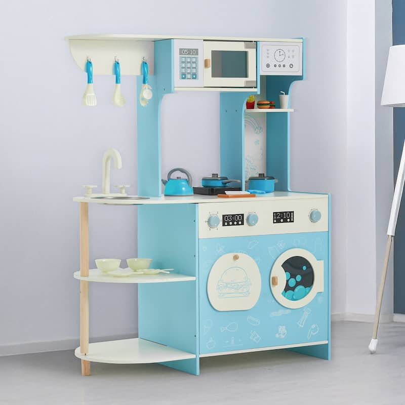 Wooden Play Kitchen Set for Kids, Pretend Cooking Toy, Interactive Kitchen Playset