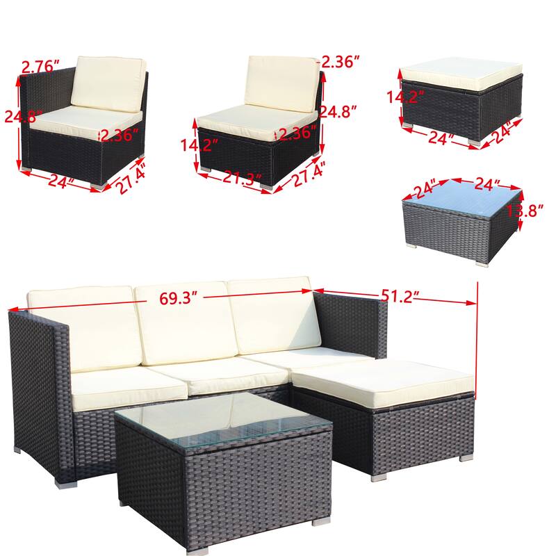5-Piece Outdoor PE Rattan Sectional Sofa Set with Coffee Table and Waterproof Cushions