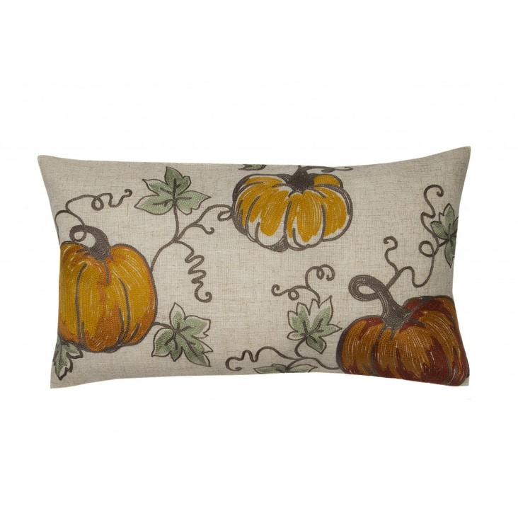 12" X 20" Green and Orange Thanksgiving Pumpkin Linen Blend Zippered Pillow With Embroidery