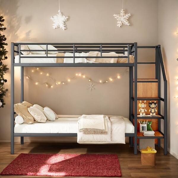 slide 2 of 11, Full Over Full Metal Bunk Bed with Lateral Storage Ladder and Wardrobe Black