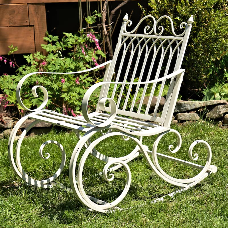 Iron Rocking Garden Arm Chair "Tatiana" in Antique White - 24.75" L x 36" W x 36" H