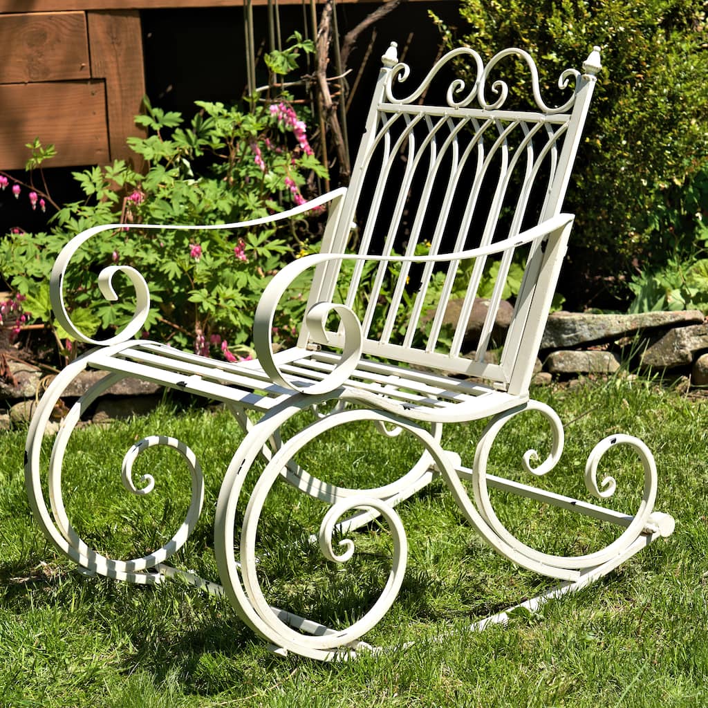 Iron Rocking Garden Arm Chair "Tatiana" in Antique White - 24.75" L x 36" W x 36" H